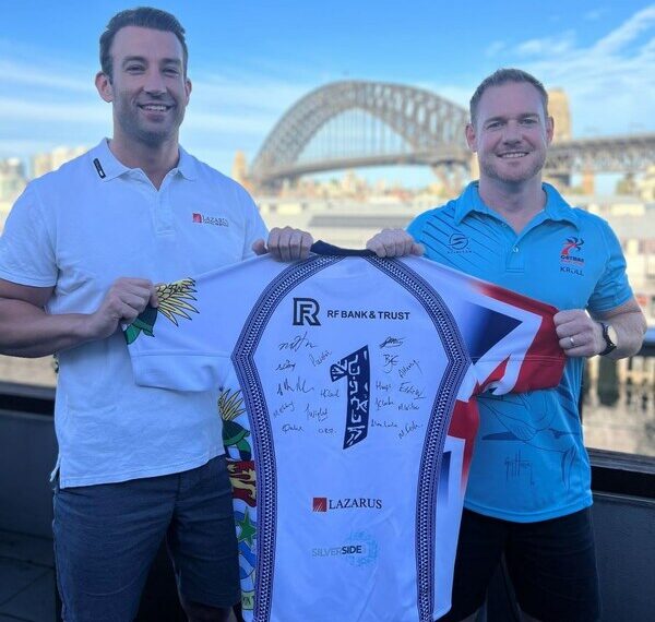 Dale Klynhout, founder and Managing Director of Lazarus and Blake Egelton, Cayman National 7s Co-Captain and 2022 CRFU Heineken Men’s Player of the Year. Sydney, Australia.