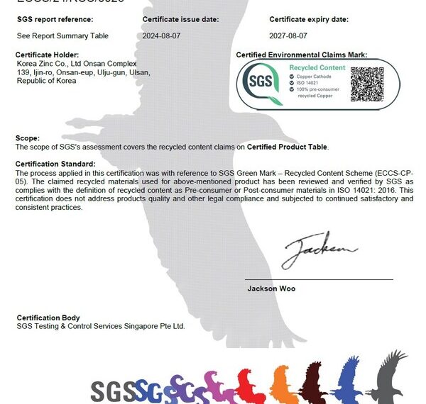 The Certificate SGS a specialized certification body confirming Korea Zinc s